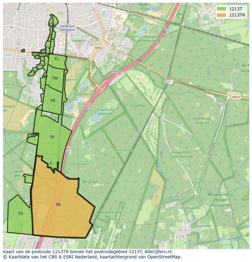 Afbeelding van het postcodegebied 1213 TR op de kaart.