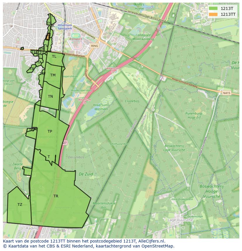 Afbeelding van het postcodegebied 1213 TT op de kaart.