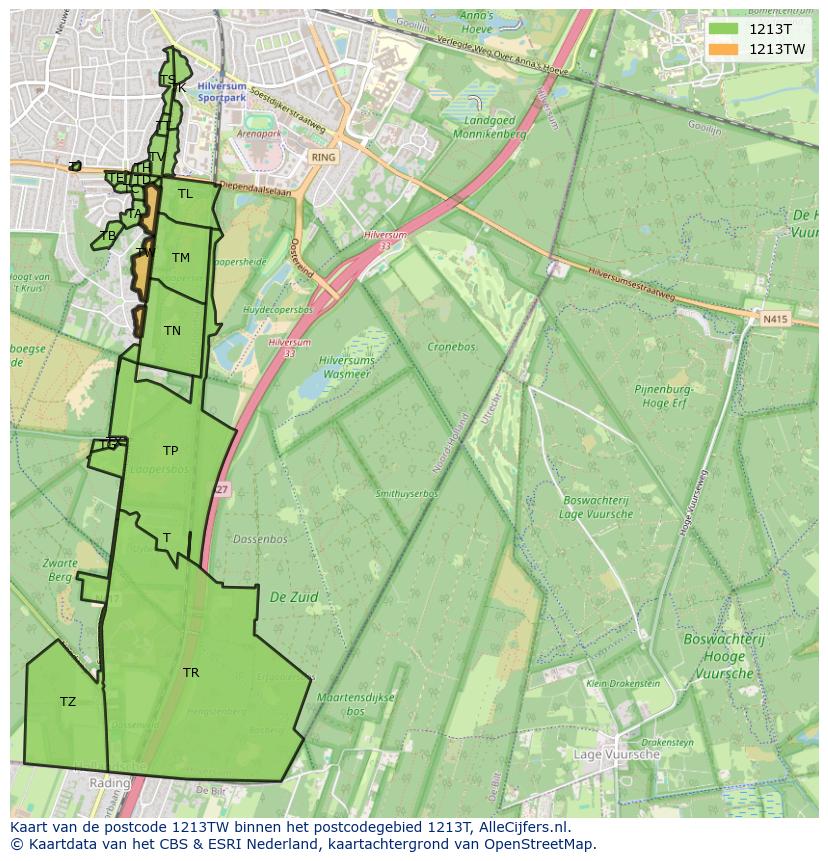 Afbeelding van het postcodegebied 1213 TW op de kaart.