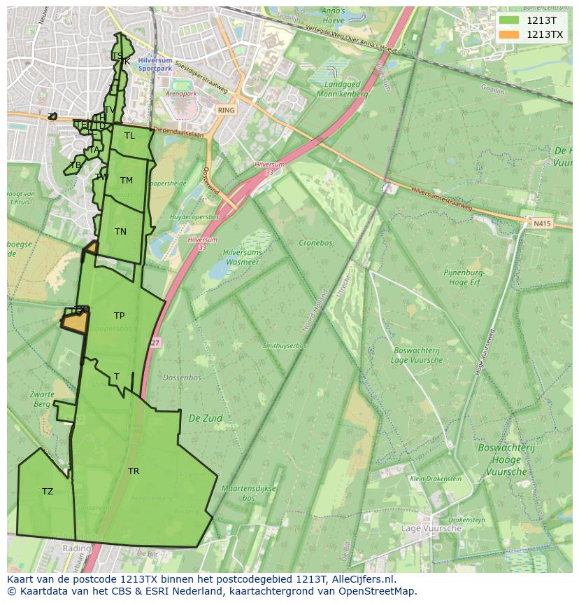 Afbeelding van het postcodegebied 1213 TX op de kaart.