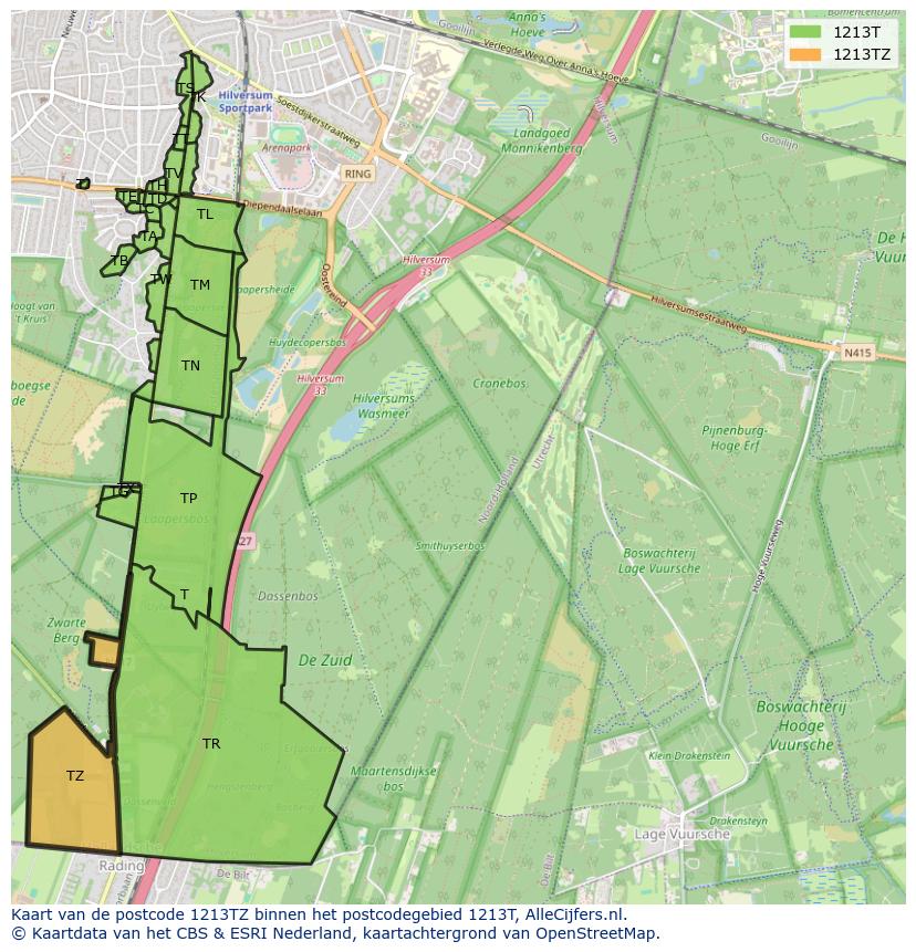 Afbeelding van het postcodegebied 1213 TZ op de kaart.