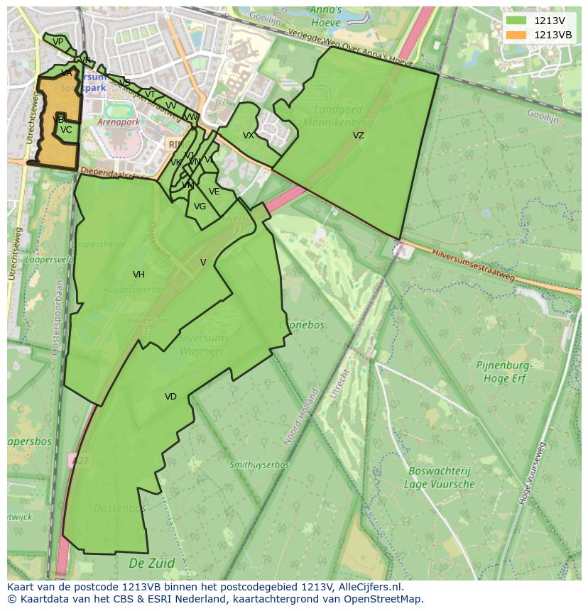 Afbeelding van het postcodegebied 1213 VB op de kaart.