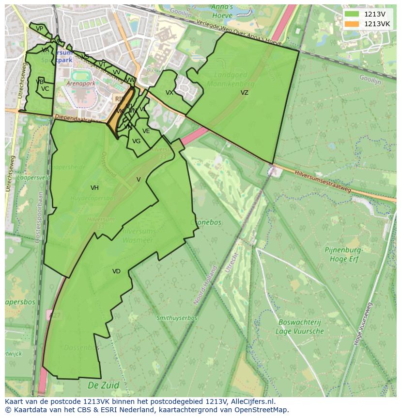 Afbeelding van het postcodegebied 1213 VK op de kaart.