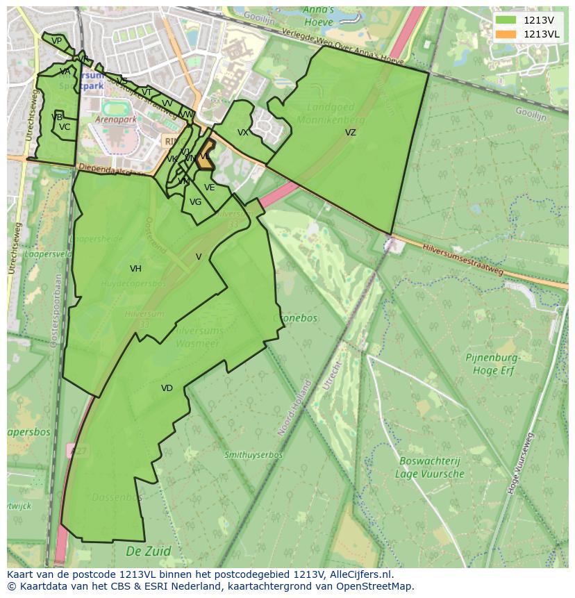 Afbeelding van het postcodegebied 1213 VL op de kaart.