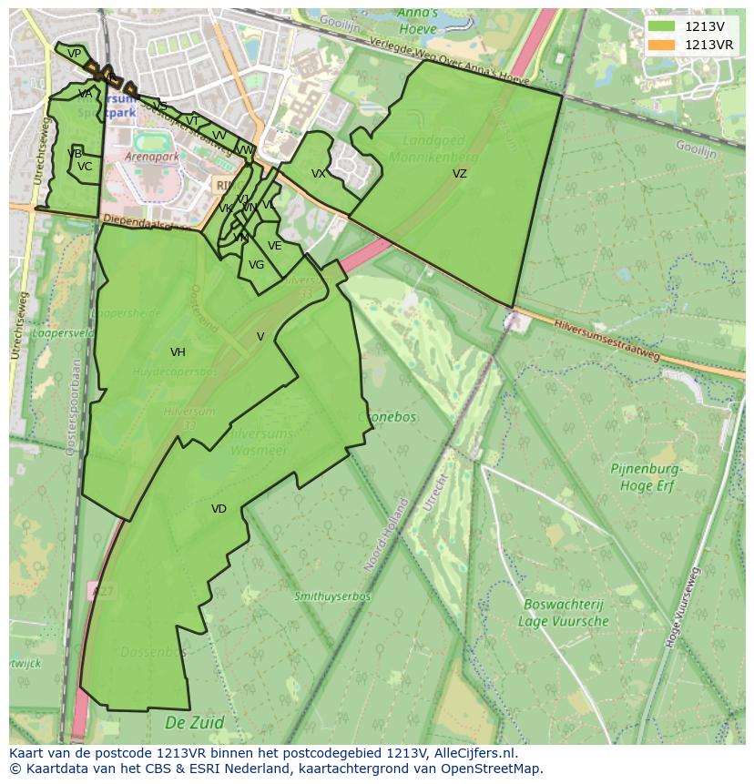 Afbeelding van het postcodegebied 1213 VR op de kaart.