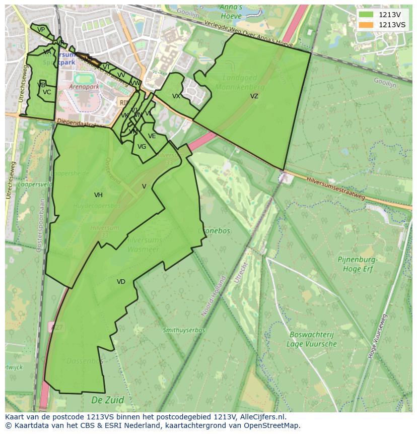 Afbeelding van het postcodegebied 1213 VS op de kaart.
