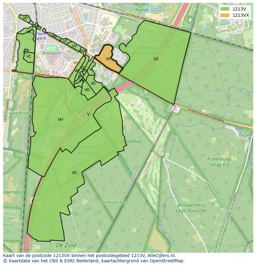 Afbeelding van het postcodegebied 1213 VX op de kaart.