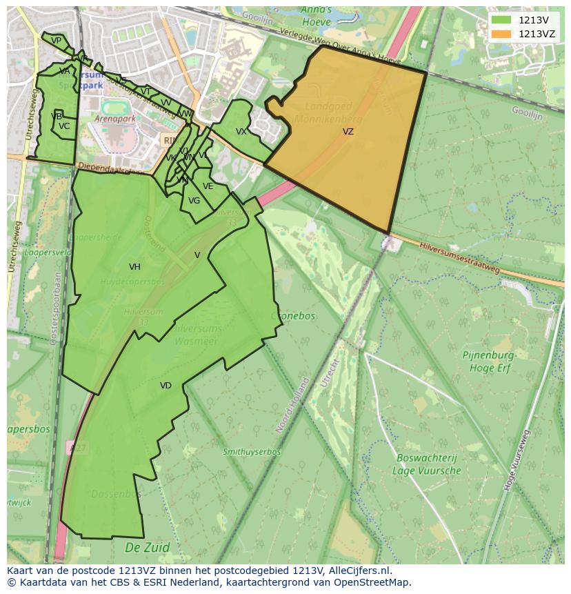 Afbeelding van het postcodegebied 1213 VZ op de kaart.