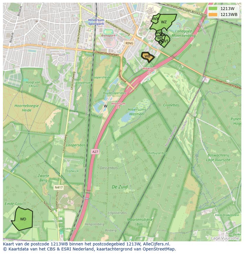 Afbeelding van het postcodegebied 1213 WB op de kaart.