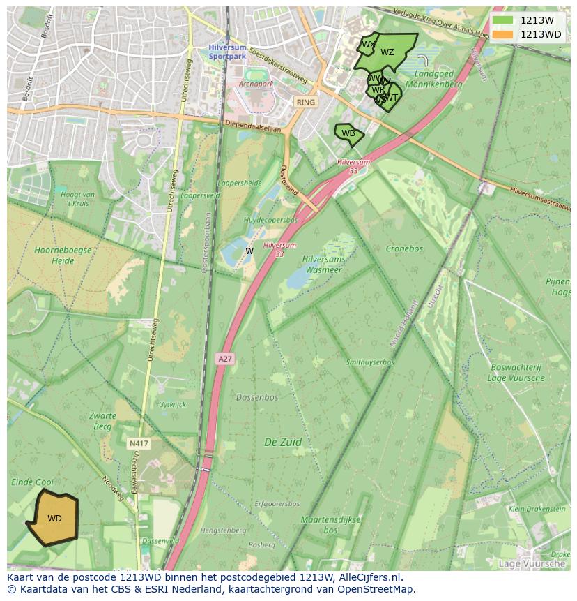 Afbeelding van het postcodegebied 1213 WD op de kaart.