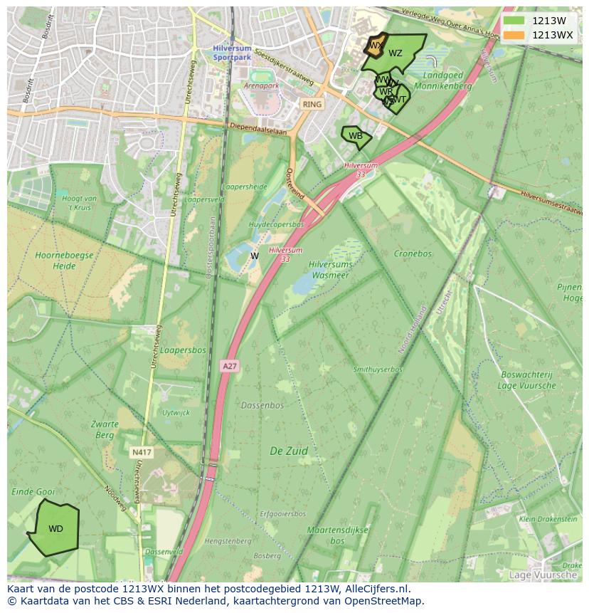 Afbeelding van het postcodegebied 1213 WX op de kaart.