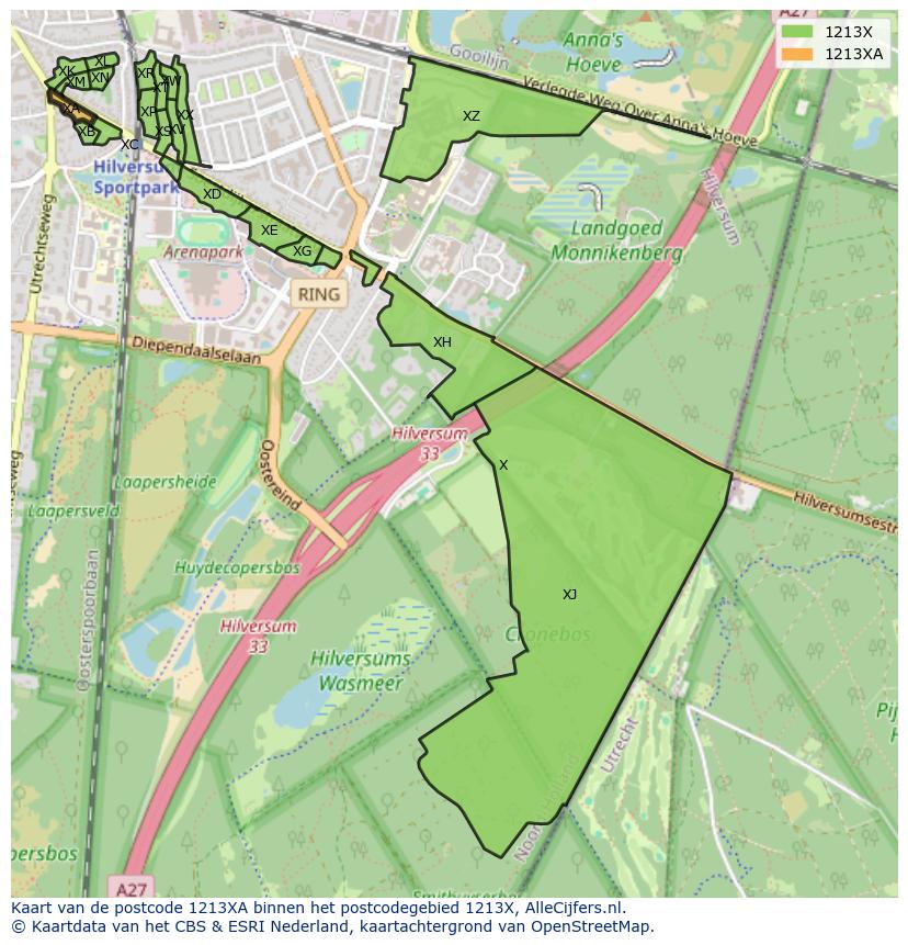 Afbeelding van het postcodegebied 1213 XA op de kaart.