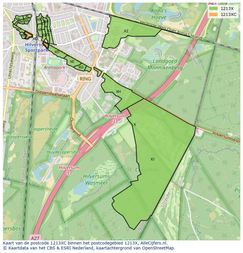 Afbeelding van het postcodegebied 1213 XC op de kaart.