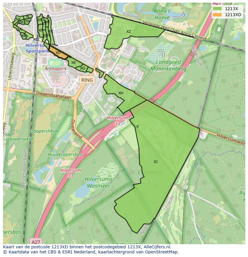 Afbeelding van het postcodegebied 1213 XD op de kaart.