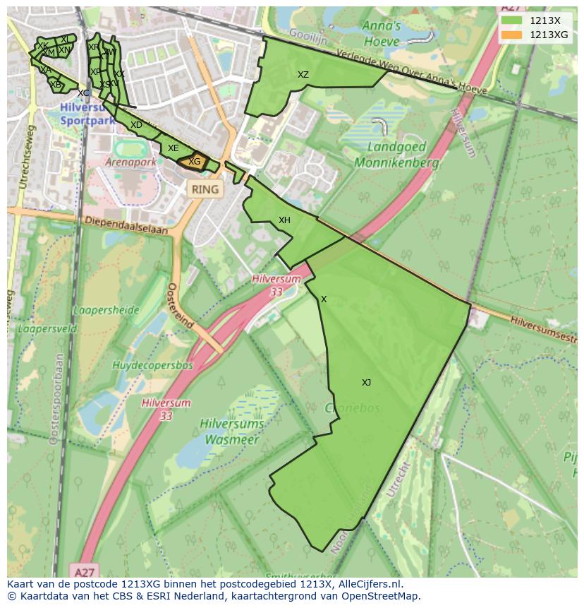 Afbeelding van het postcodegebied 1213 XG op de kaart.