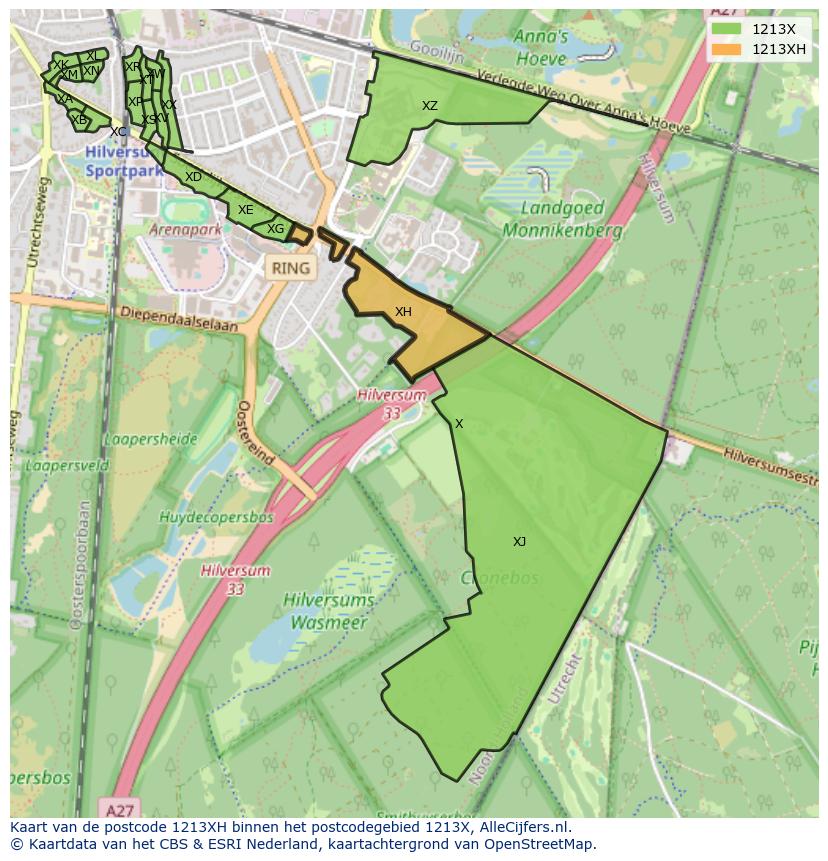 Afbeelding van het postcodegebied 1213 XH op de kaart.
