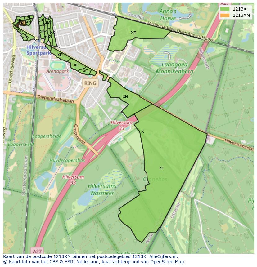 Afbeelding van het postcodegebied 1213 XM op de kaart.