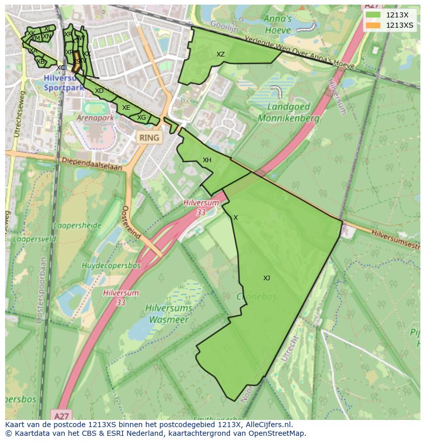 Afbeelding van het postcodegebied 1213 XS op de kaart.