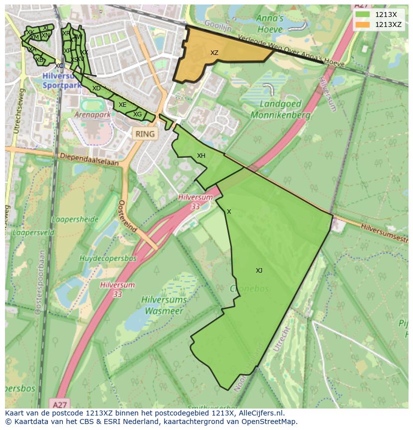 Afbeelding van het postcodegebied 1213 XZ op de kaart.