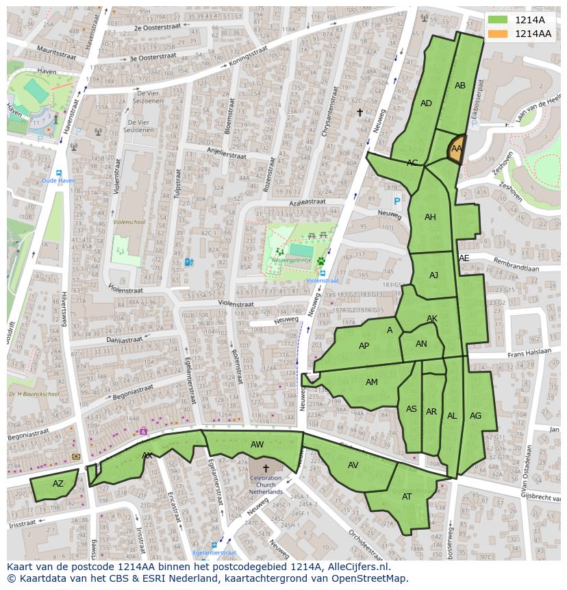 Afbeelding van het postcodegebied 1214 AA op de kaart.
