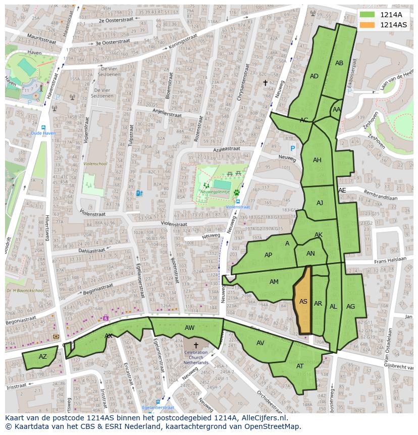 Afbeelding van het postcodegebied 1214 AS op de kaart.