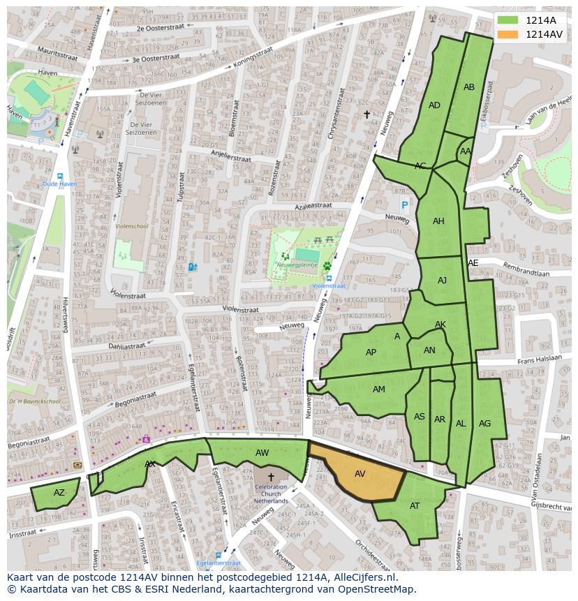 Afbeelding van het postcodegebied 1214 AV op de kaart.