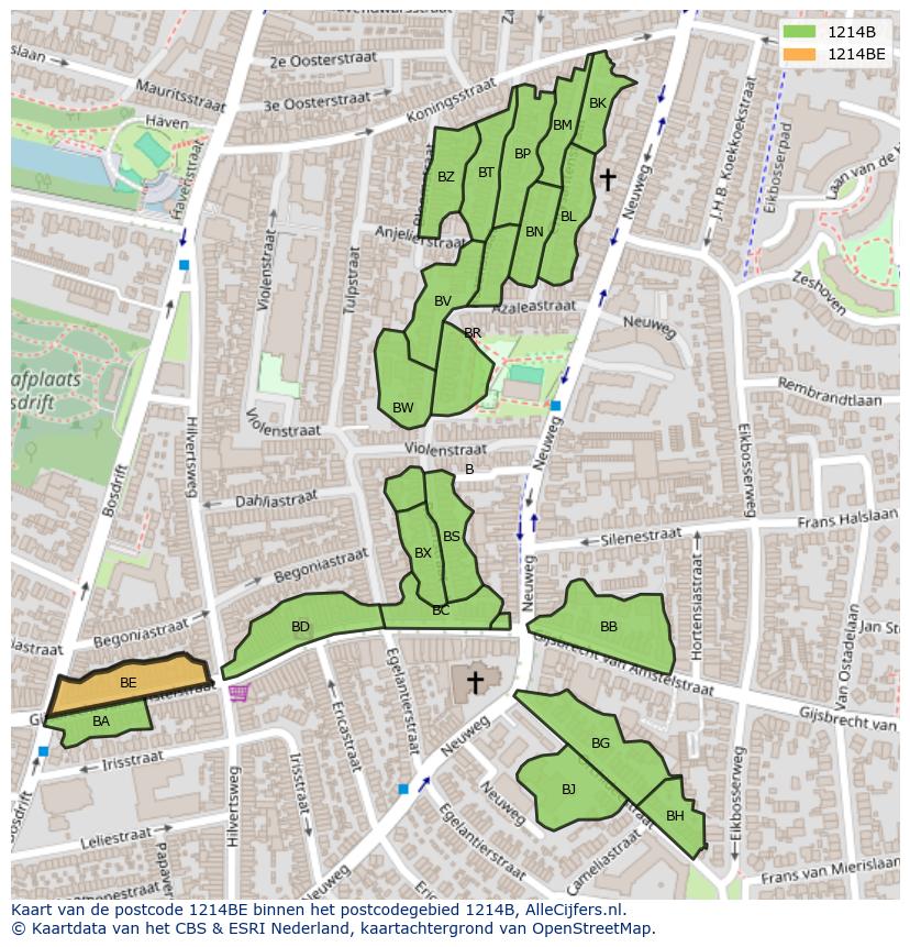 Afbeelding van het postcodegebied 1214 BE op de kaart.