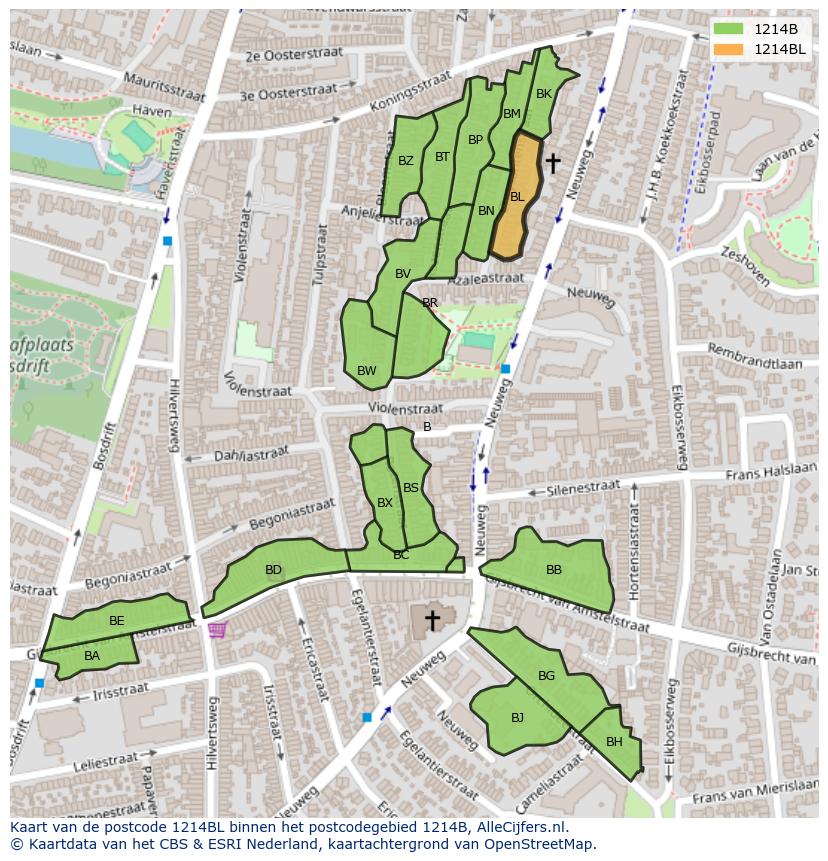 Afbeelding van het postcodegebied 1214 BL op de kaart.