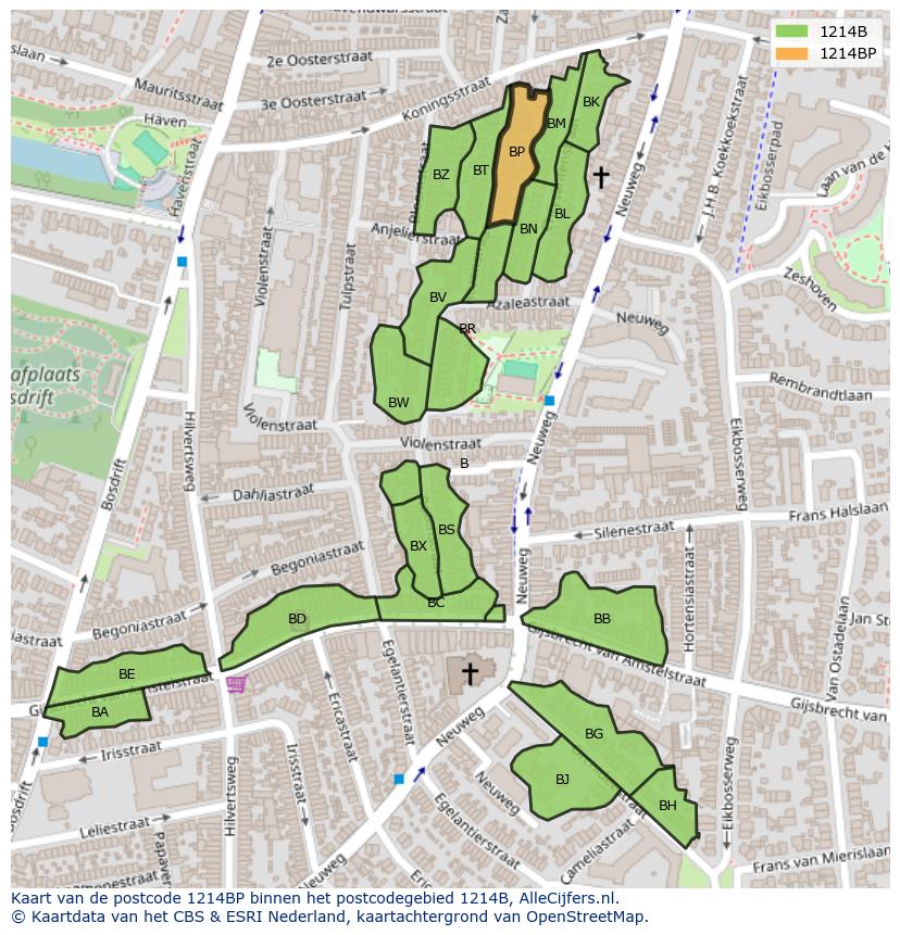 Afbeelding van het postcodegebied 1214 BP op de kaart.
