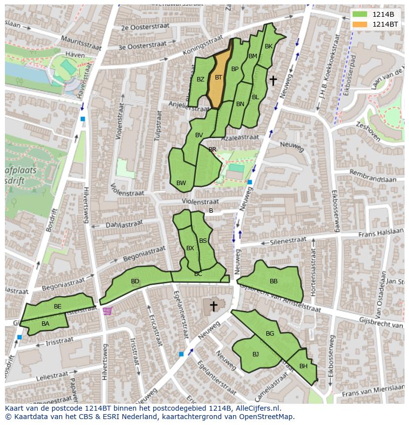 Afbeelding van het postcodegebied 1214 BT op de kaart.