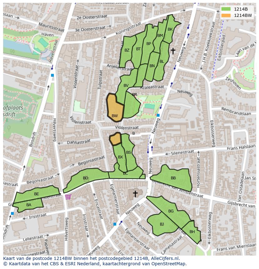 Afbeelding van het postcodegebied 1214 BW op de kaart.