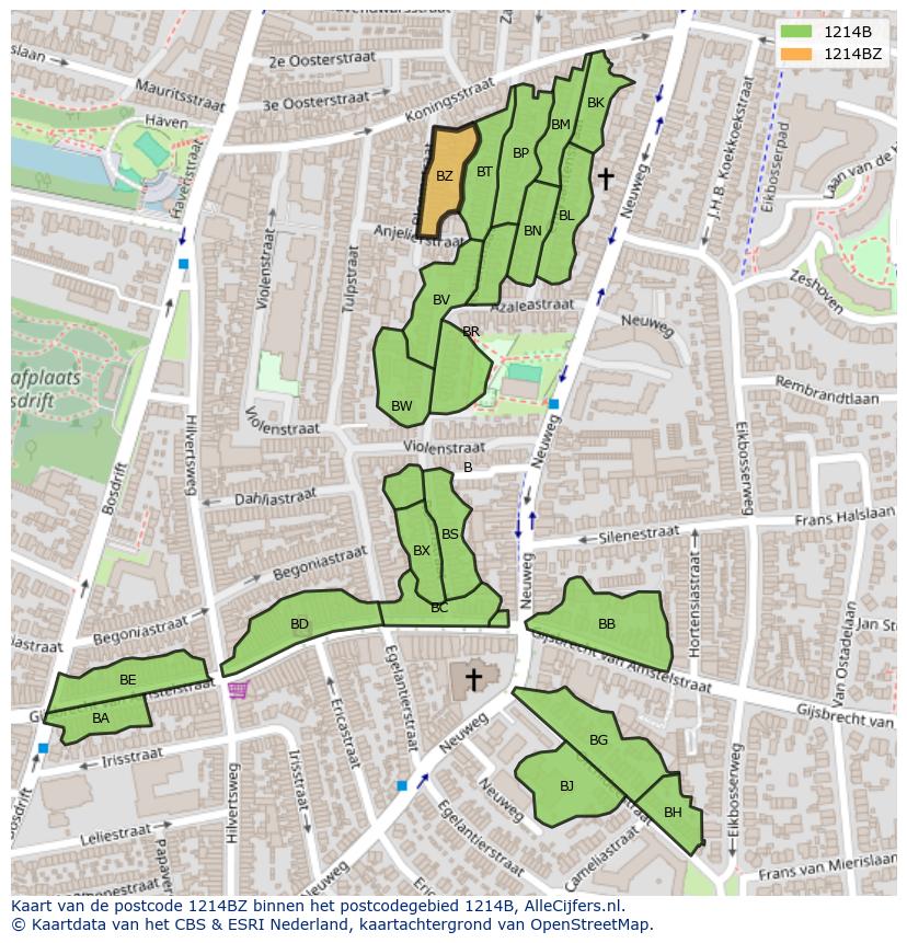 Afbeelding van het postcodegebied 1214 BZ op de kaart.