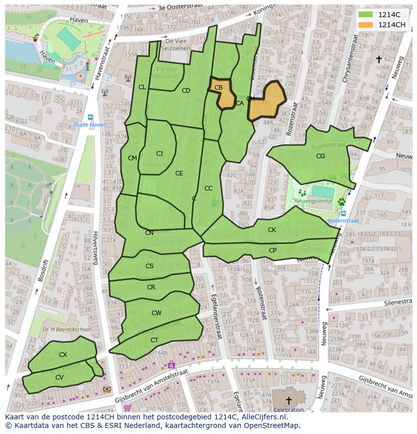 Afbeelding van het postcodegebied 1214 CH op de kaart.
