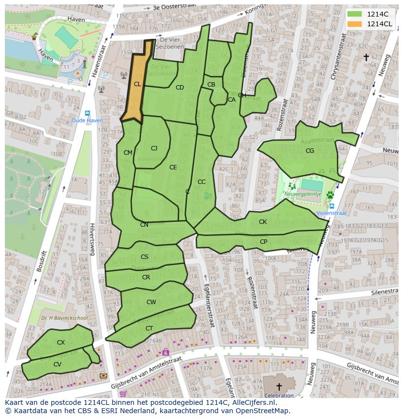 Afbeelding van het postcodegebied 1214 CL op de kaart.