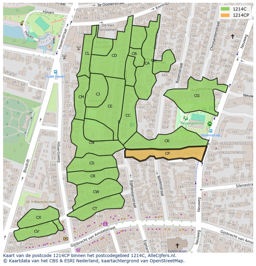 Afbeelding van het postcodegebied 1214 CP op de kaart.
