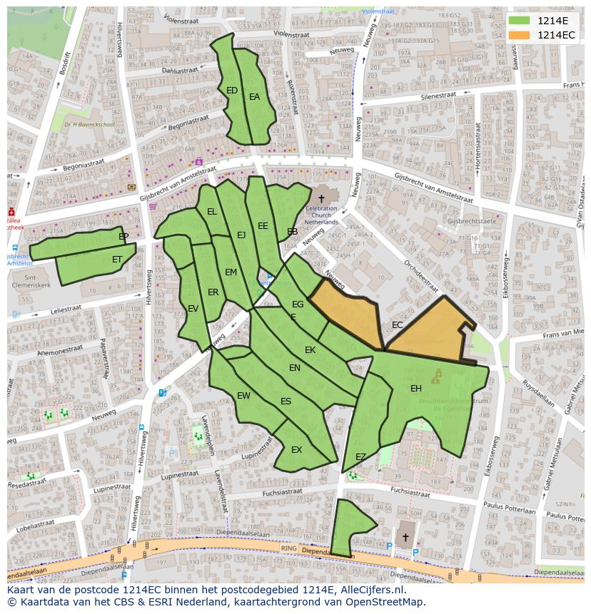 Afbeelding van het postcodegebied 1214 EC op de kaart.
