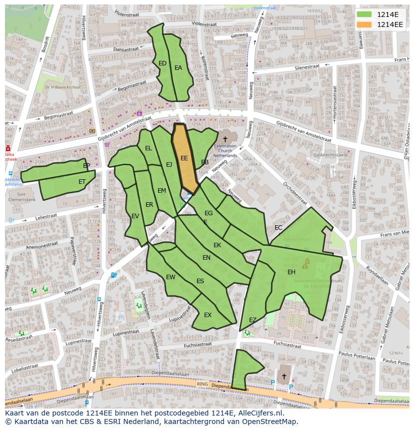 Afbeelding van het postcodegebied 1214 EE op de kaart.