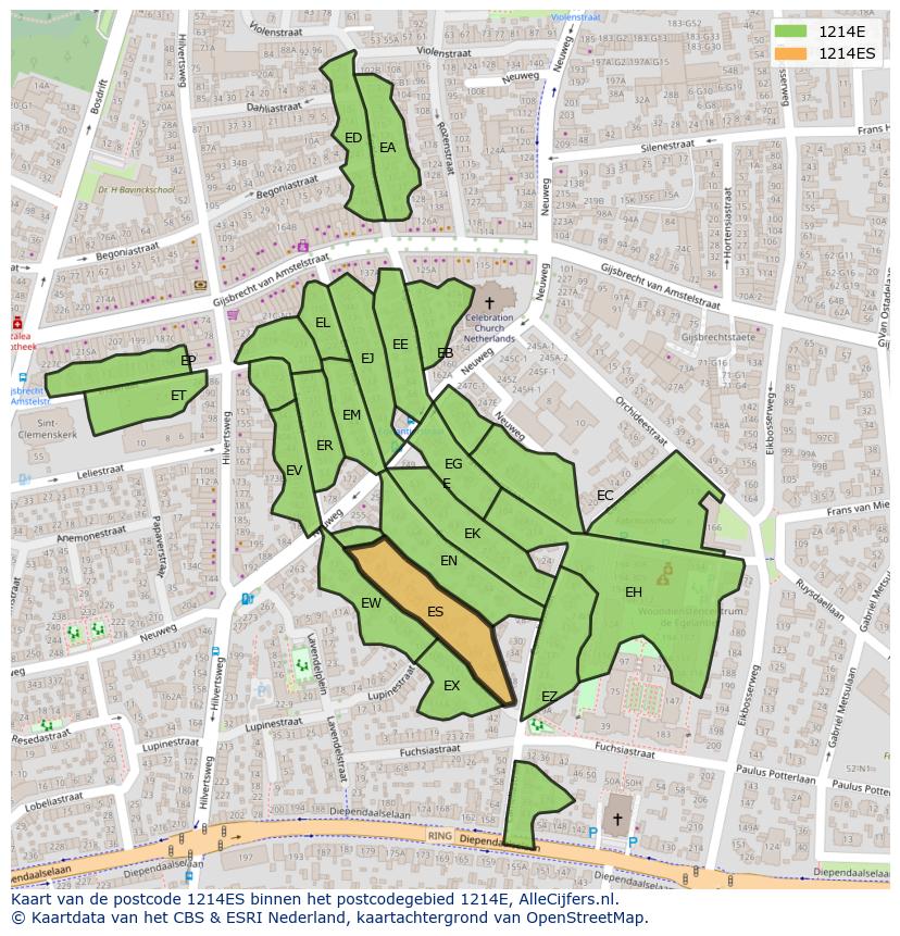 Afbeelding van het postcodegebied 1214 ES op de kaart.