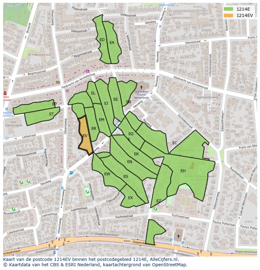 Afbeelding van het postcodegebied 1214 EV op de kaart.