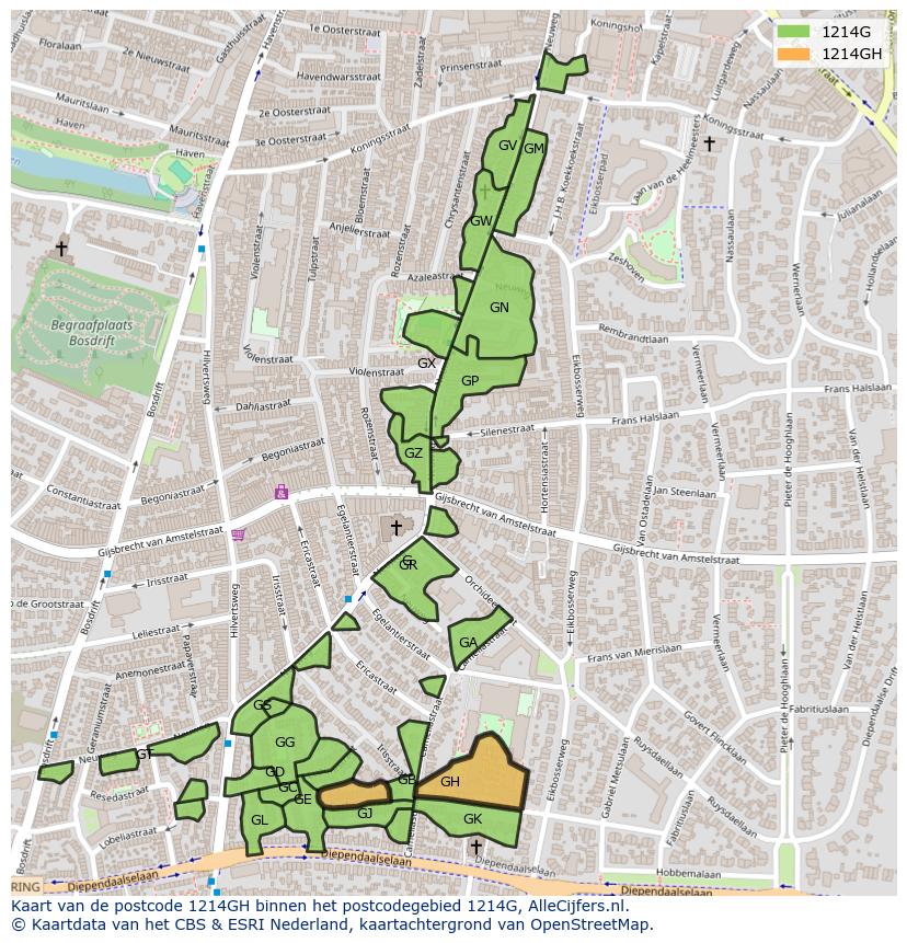 Afbeelding van het postcodegebied 1214 GH op de kaart.