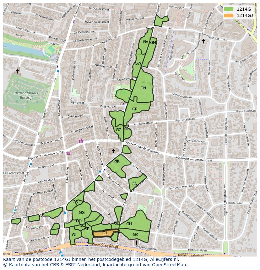 Afbeelding van het postcodegebied 1214 GJ op de kaart.