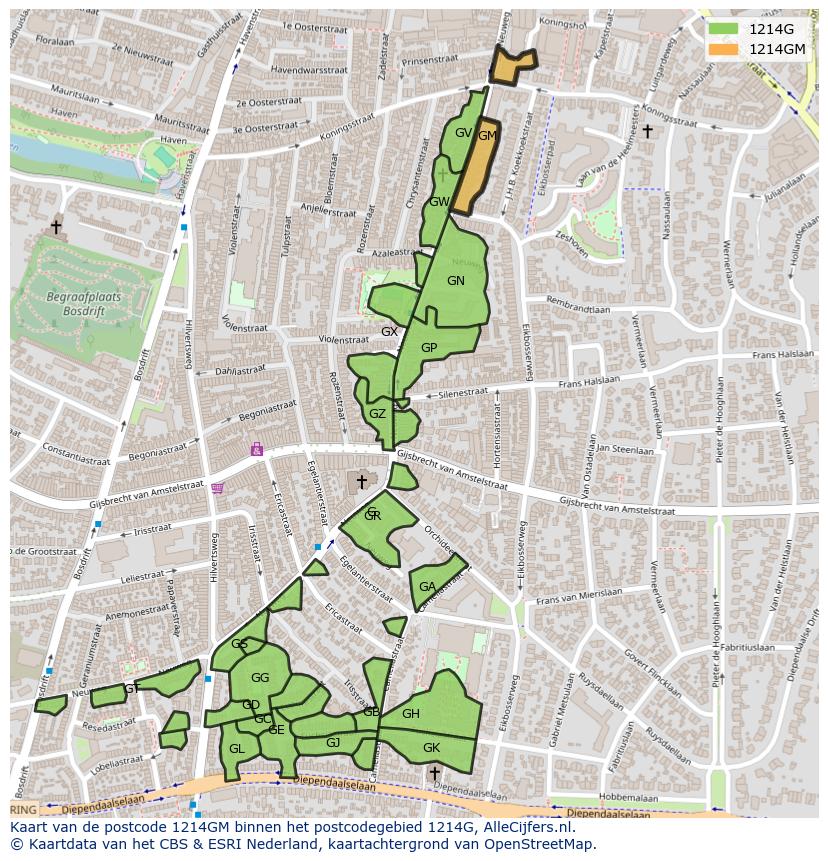 Afbeelding van het postcodegebied 1214 GM op de kaart.