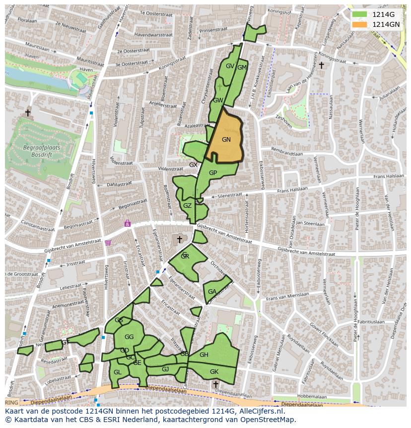 Afbeelding van het postcodegebied 1214 GN op de kaart.
