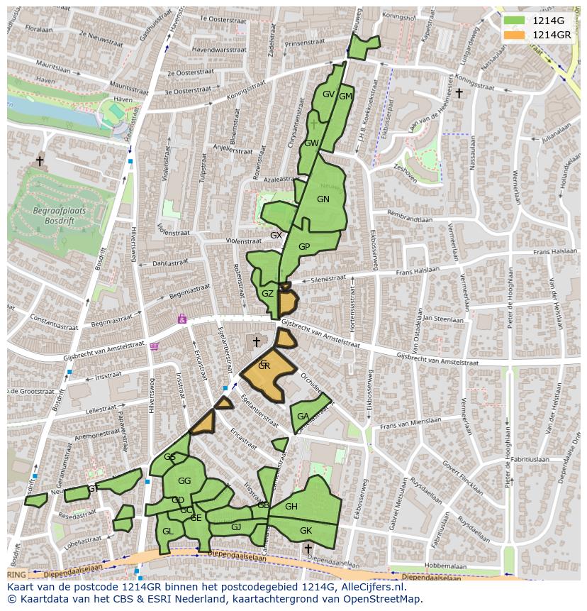 Afbeelding van het postcodegebied 1214 GR op de kaart.