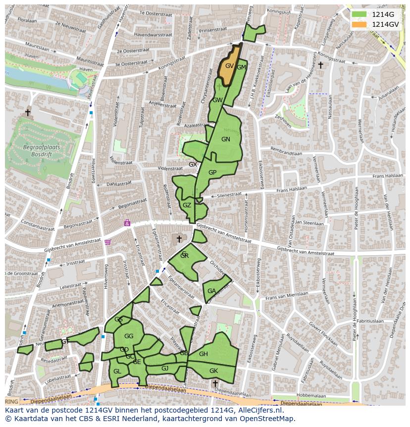 Afbeelding van het postcodegebied 1214 GV op de kaart.