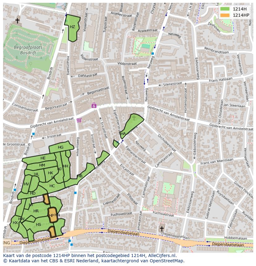 Afbeelding van het postcodegebied 1214 HP op de kaart.