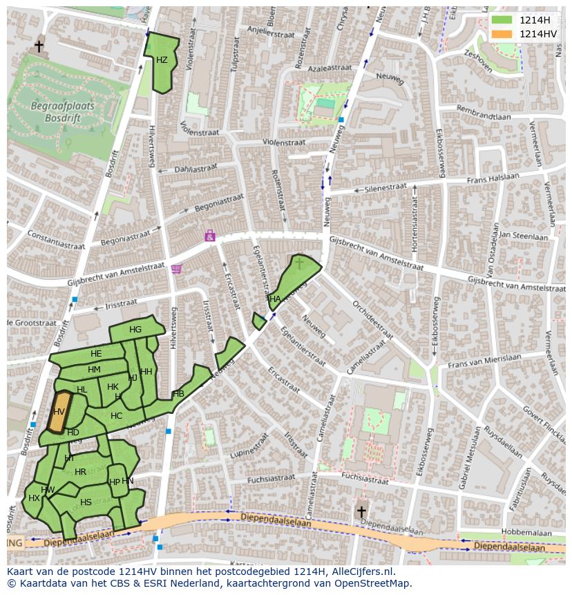Afbeelding van het postcodegebied 1214 HV op de kaart.