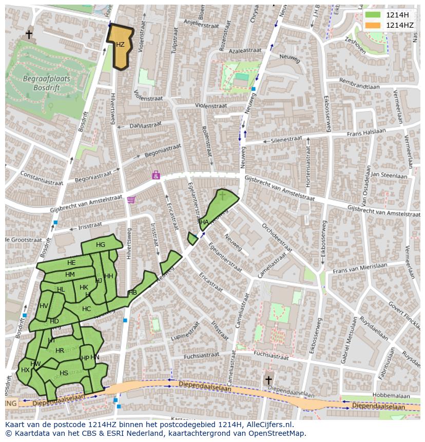 Afbeelding van het postcodegebied 1214 HZ op de kaart.