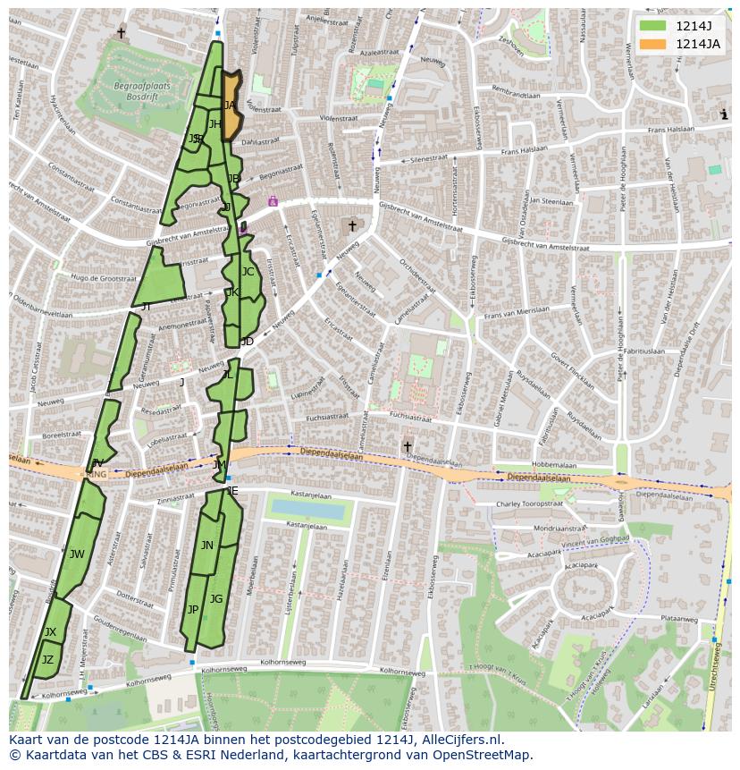 Afbeelding van het postcodegebied 1214 JA op de kaart.