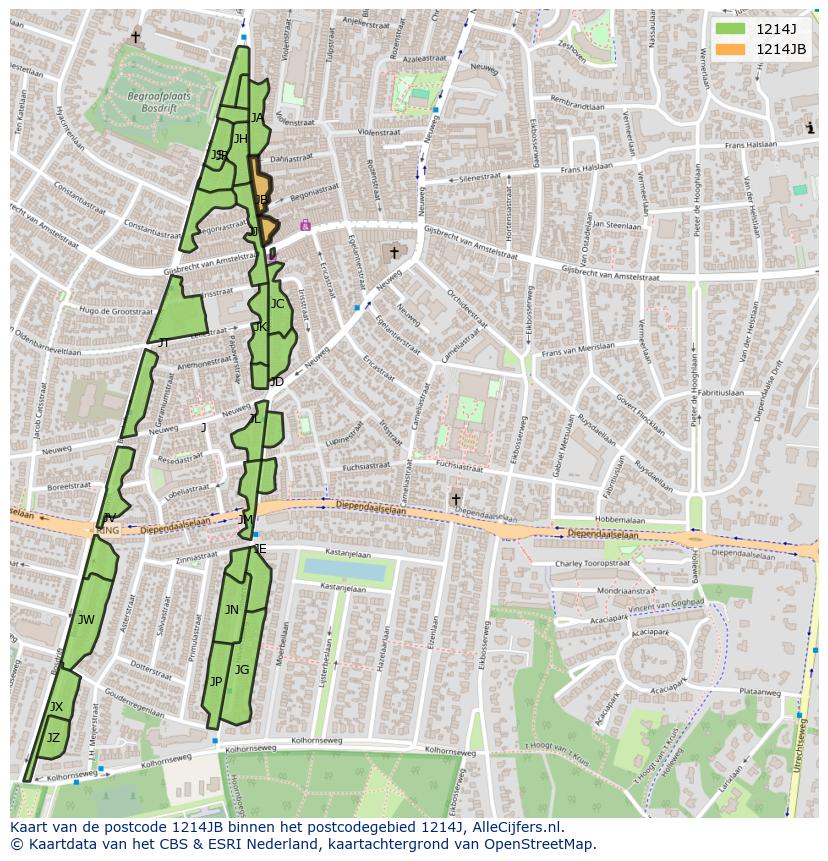 Afbeelding van het postcodegebied 1214 JB op de kaart.